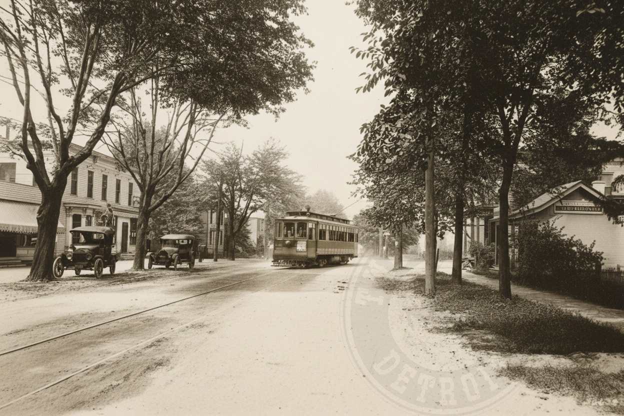 Historic Detroit street scene with streetcar and early automobiles, circa 1919